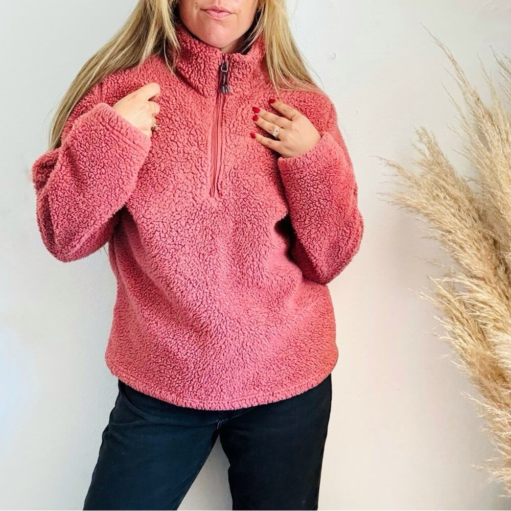 VINTAGE SPORTCASTER Dusty Rose Pink Half Zip Teddy Pullover Sweater Jacket L